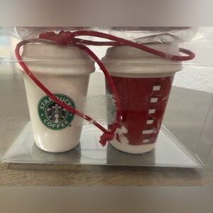 2006 Starbucks Hot Cup Ceramic Ornaments Set of 2 Red & White